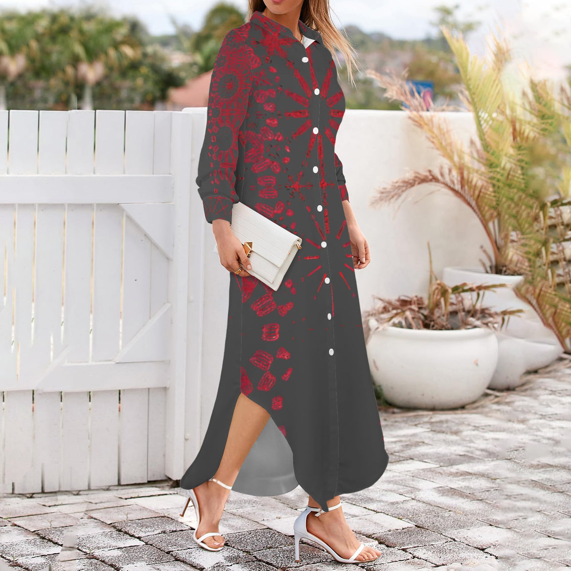 Long Sleeve Shirt Dress Charcoal and Red Graphic