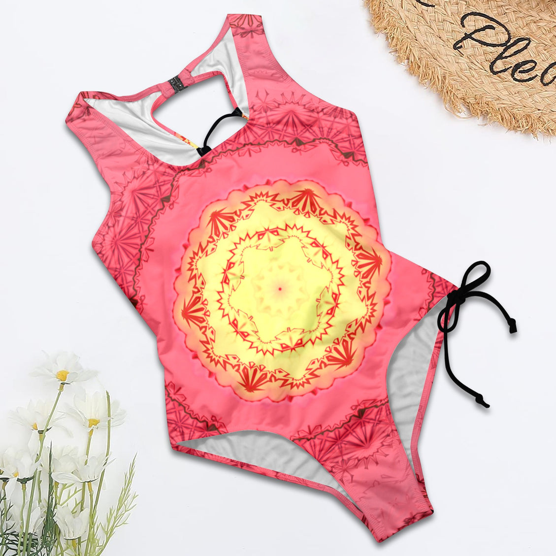 Tie Back Lace Up One Piece Swimsuit Red & Yellow Medallion