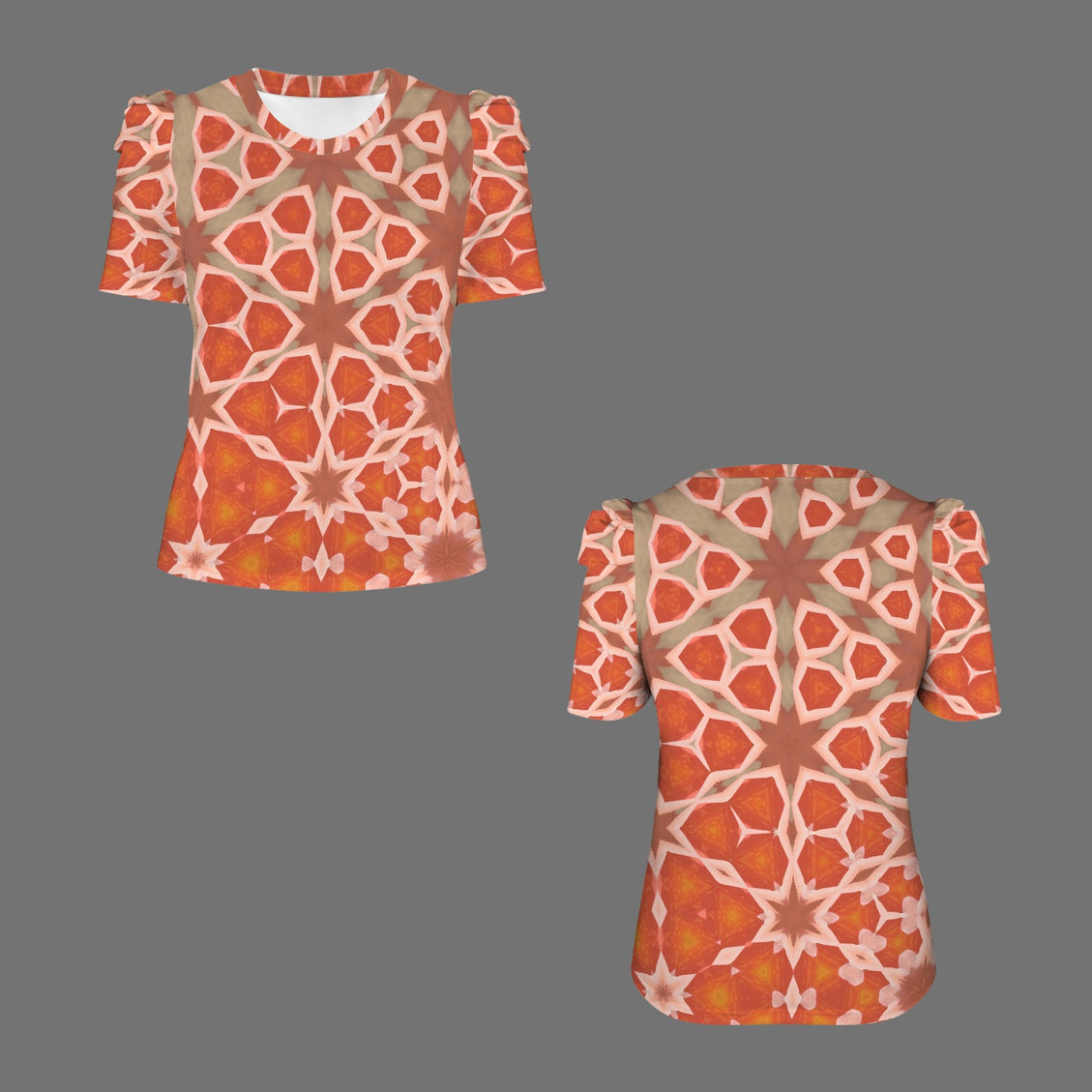 Puff Sleeve T-Shirt Coral and Taupe Geometric