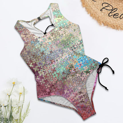 Tie Back One Piece Swimsuit Peacock Feathers Pink Ombre