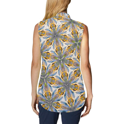 Bow Tie V Neck Sleeveless Blouse Sunflower Lakeside Sunset Geometric