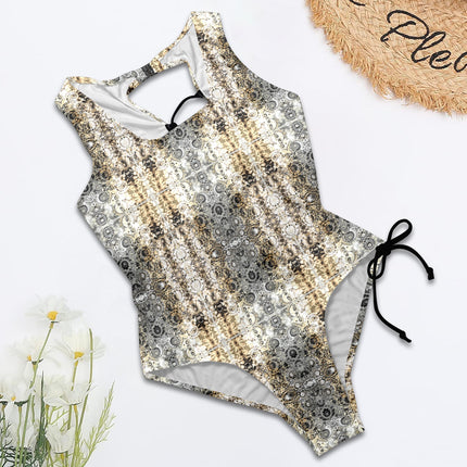 Tie Back Lace Up One Piece Swimsuit Shimmering Feathers