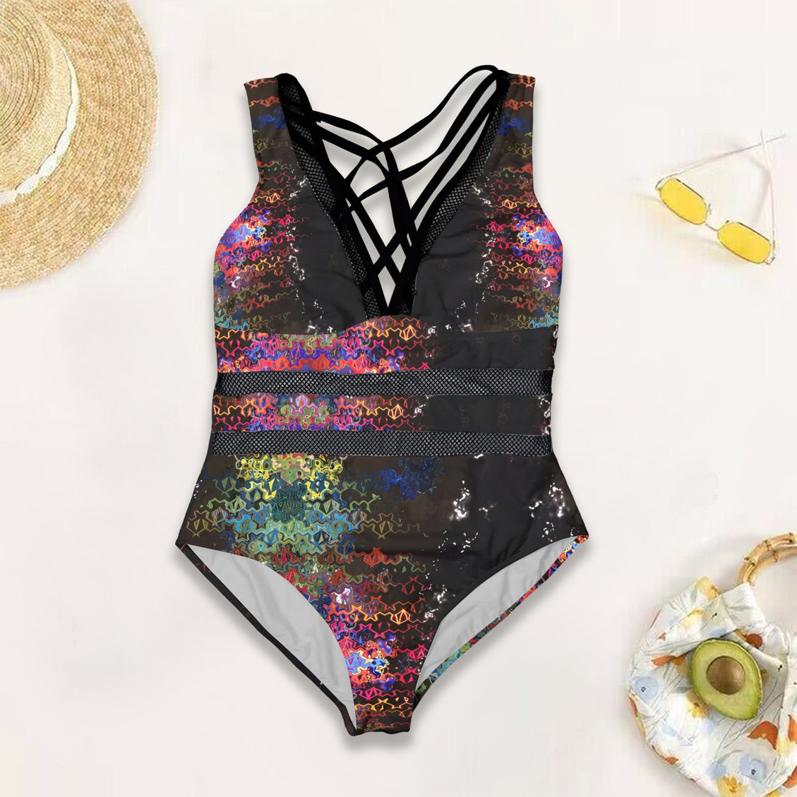 V Neck Mesh One Piece Swimsuit Glass Multi Black