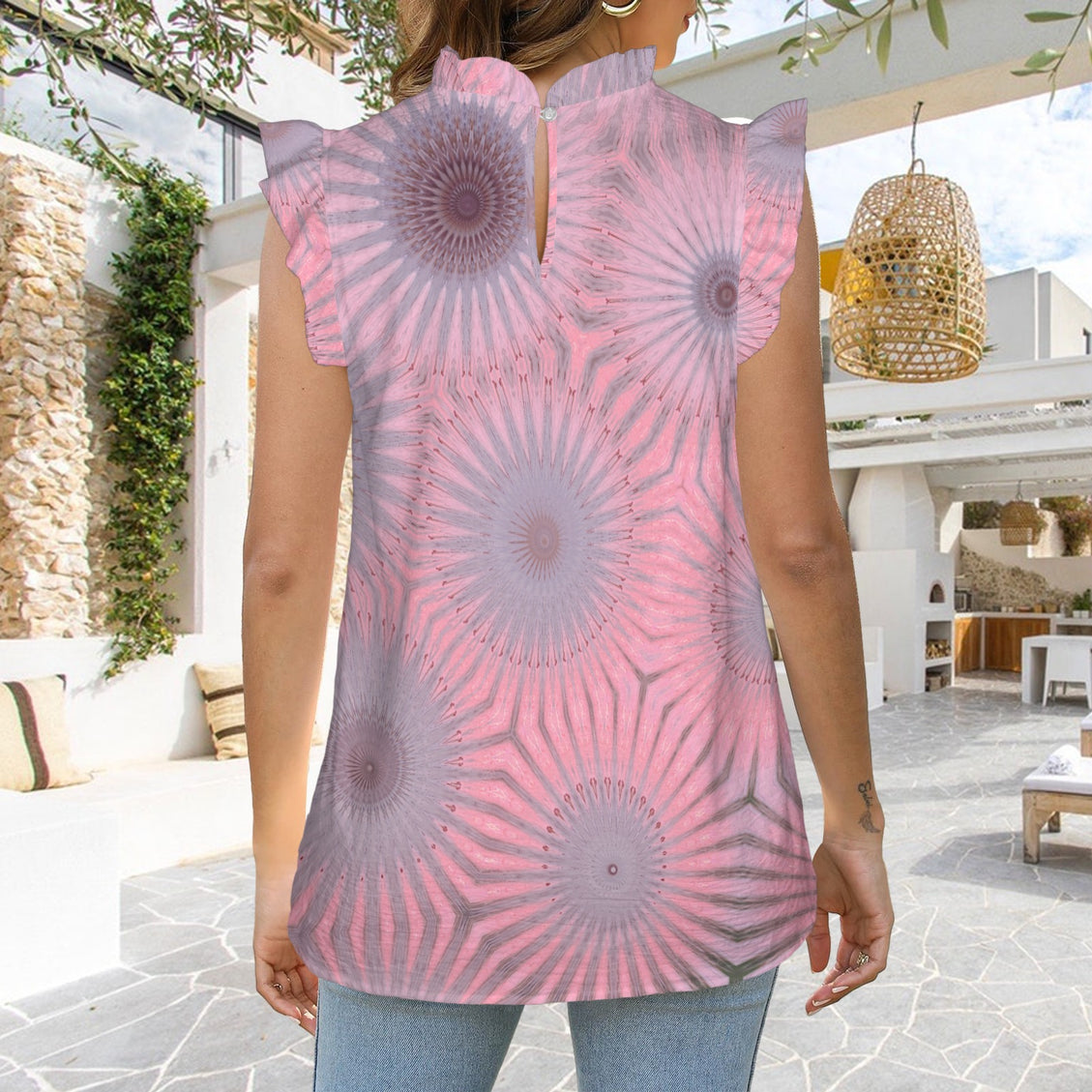 Ruffle Neck Blouse Purple and Pink Geometric