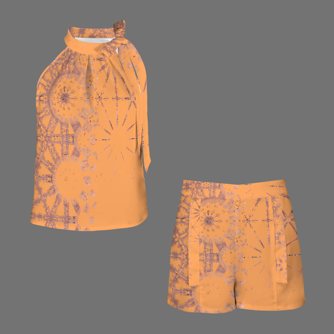 Ruched Sleeveless Tie Top and Shorts Set Orange and Rose Gold Graphic