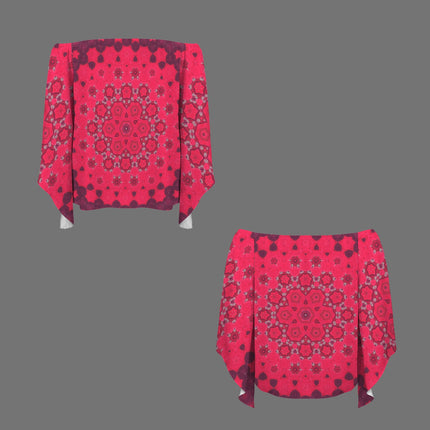 Off Shoulder Trumpet Sleeve Blouse Red Hollyhocks Geometric