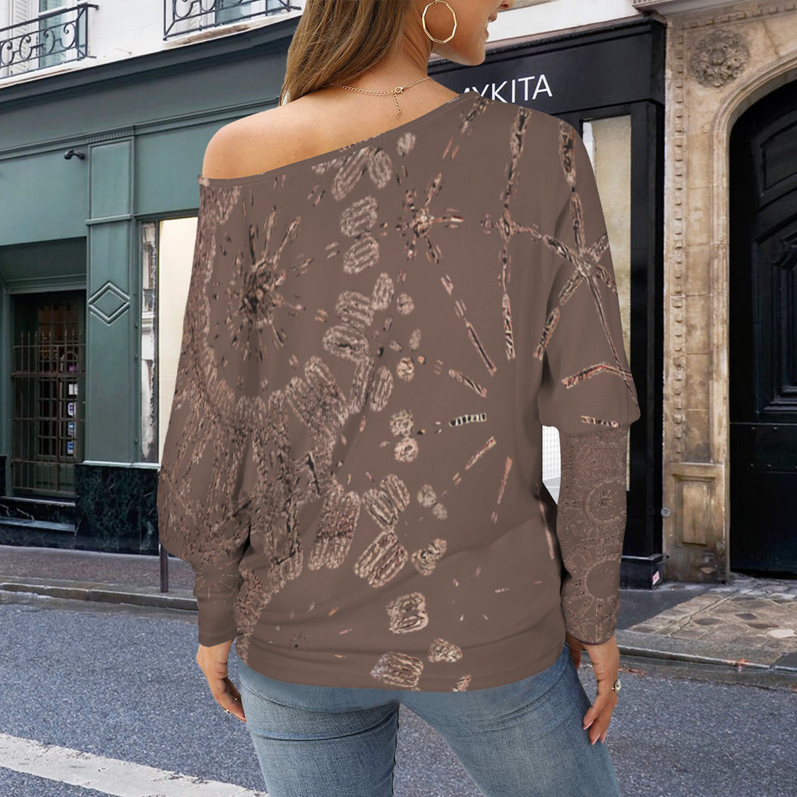 Batwing Long Sleeve Top Coffee and Copper Graphic