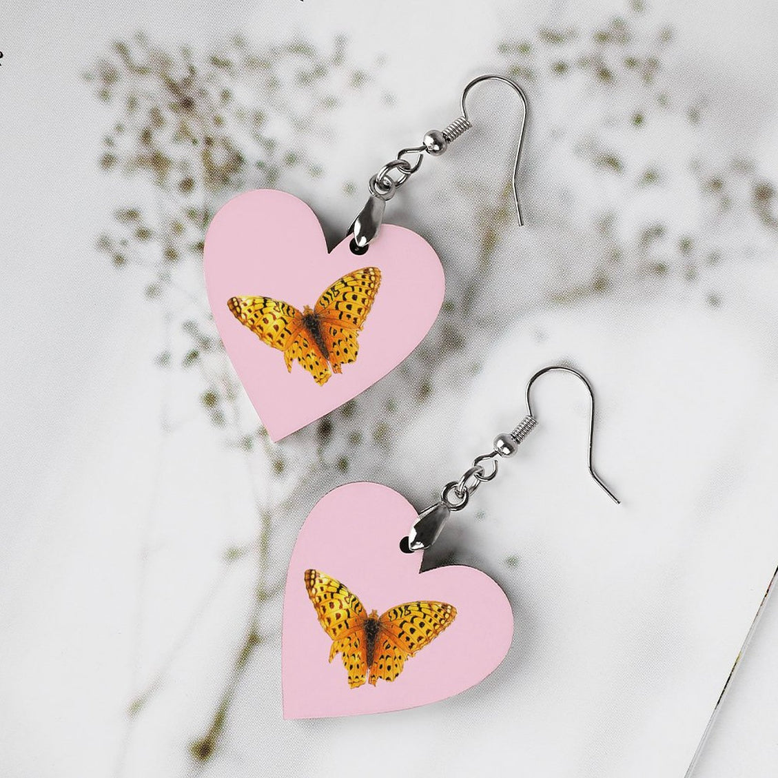 Wooden Heart Earrings Butterfly Pink