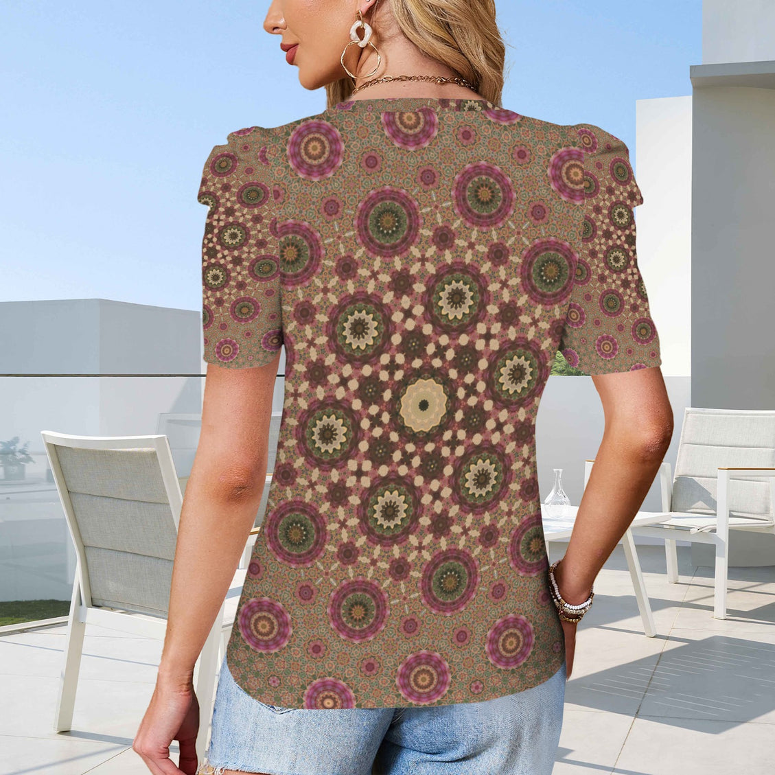 Puff Sleeve T-Shirt Fall Leaves Taupe and Copper