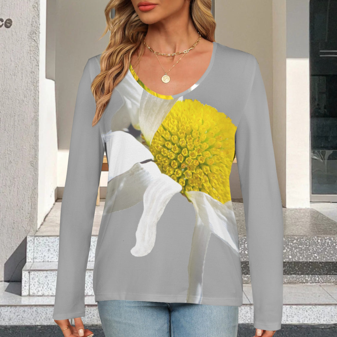 V Neck Long Sleeve Sweater Daisy Gray