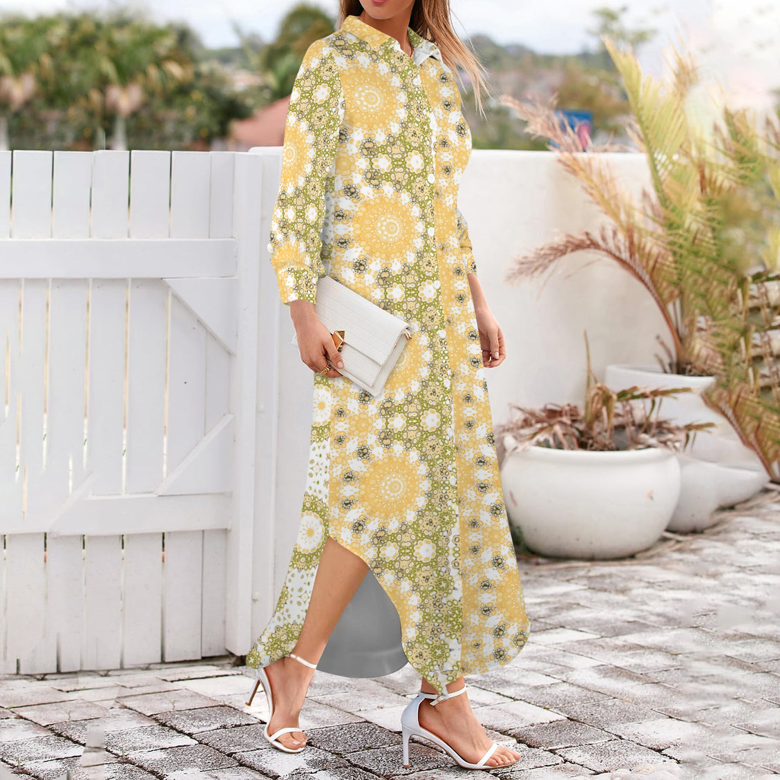 Long Sleeve Shirt Dress Gold Sunflower Graphic