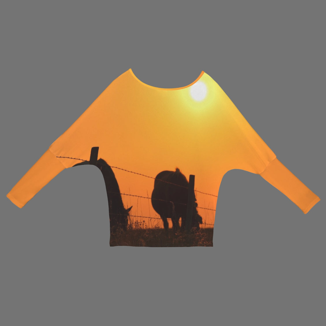 Batwing Long Sleeve Top Horses Fence Sunset