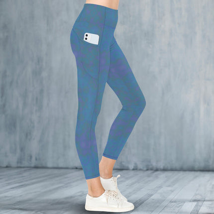 High Waist Pockets Yoga Leggings Blue Watercolor