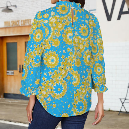 Ruffled Long Sleeve Mock Neck Blouse Blue and Gold