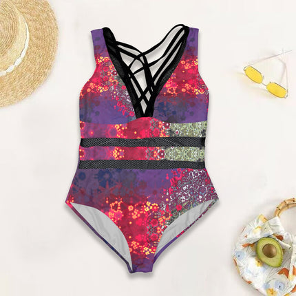 V Neck Mesh One Piece Swimsuit Festive Abstract