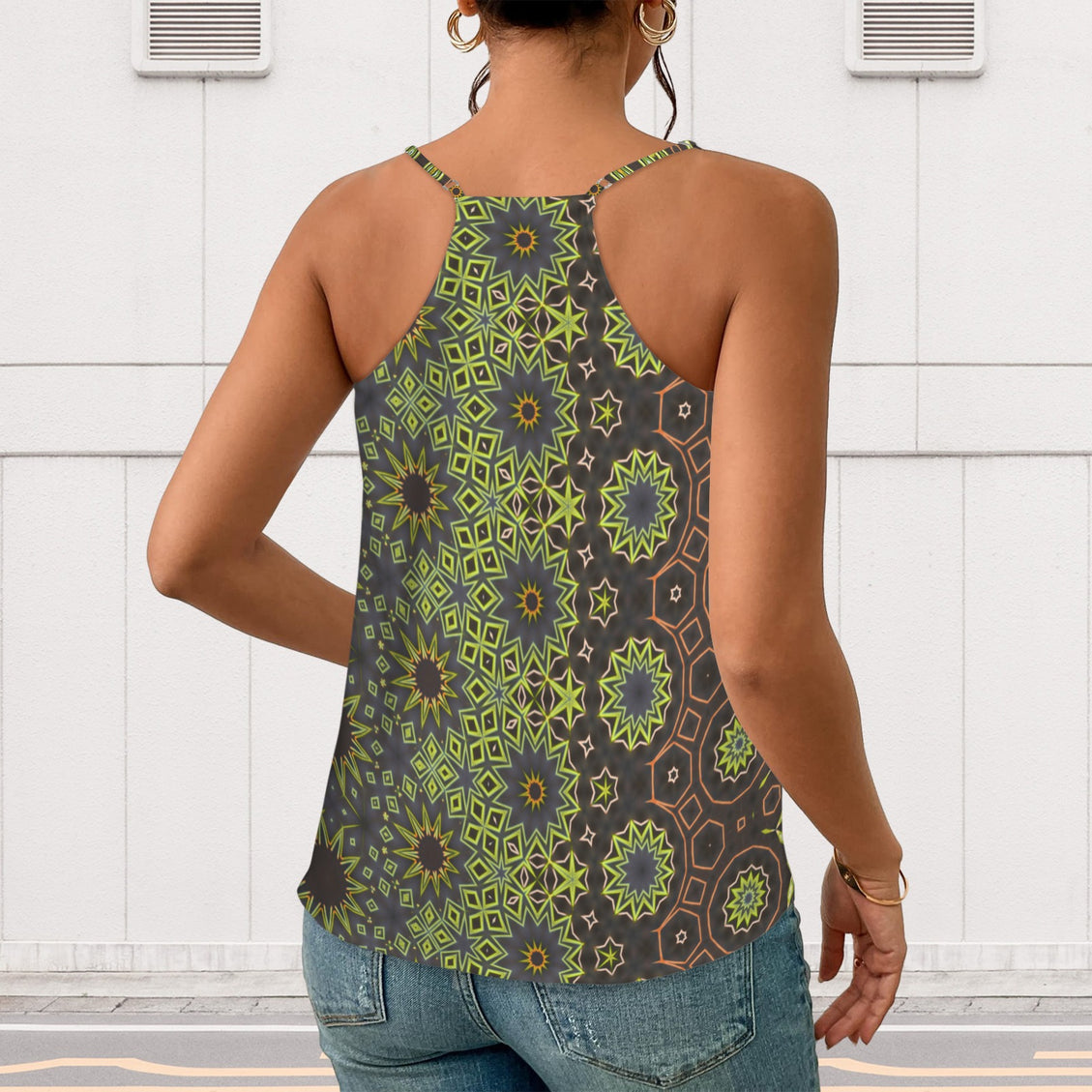 V Neck Cami Top Fall Leaves Abstract Brown Green