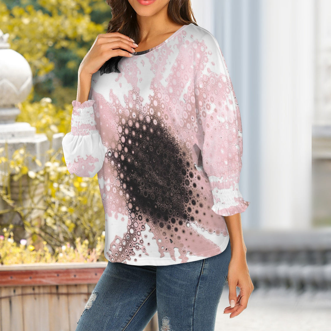 Crew Neck Pleated Sleeve T-Shirt Sunflower Pink