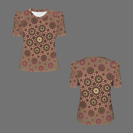 Puff Sleeve T-Shirt Fall Leaves Taupe and Copper