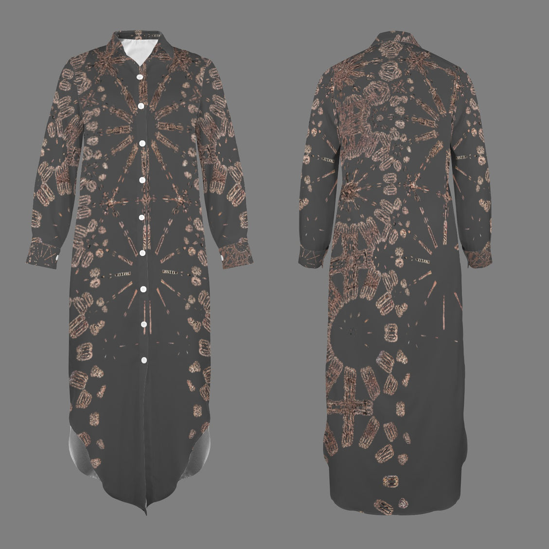 Long Sleeve Shirt Dress Charcoal and Copper Graphic