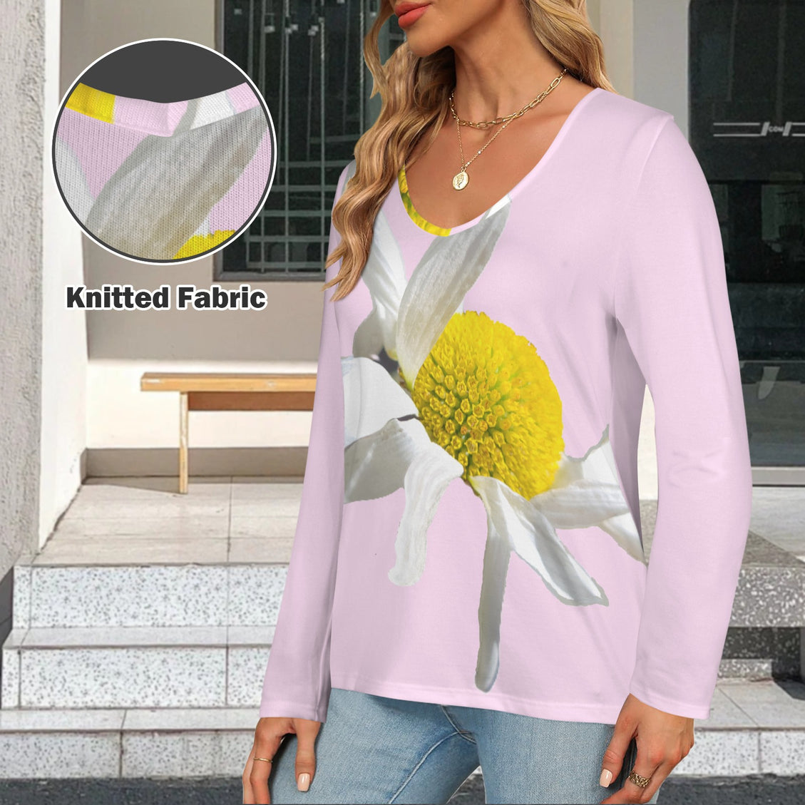 V Neck Long Sleeve Sweater Daisy Pink