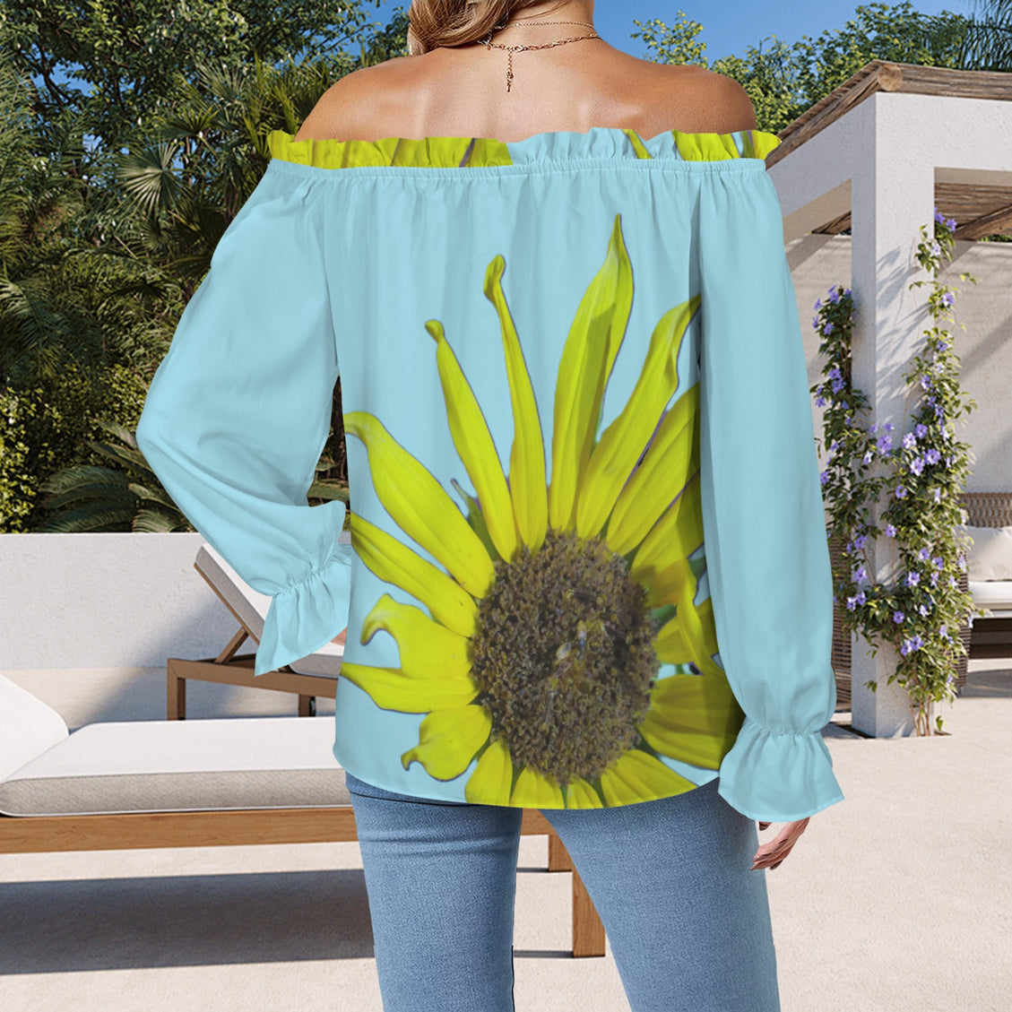 Off Shoulder Lantern Sleeve Blouse Sunflower Blue