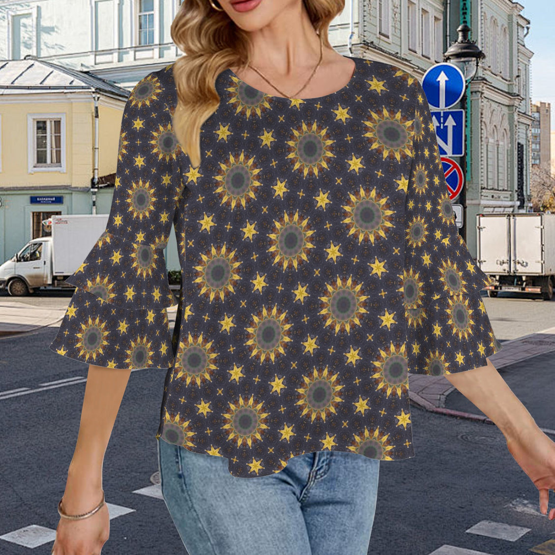 Flare Sleeve Blouse Sunflowers Purple