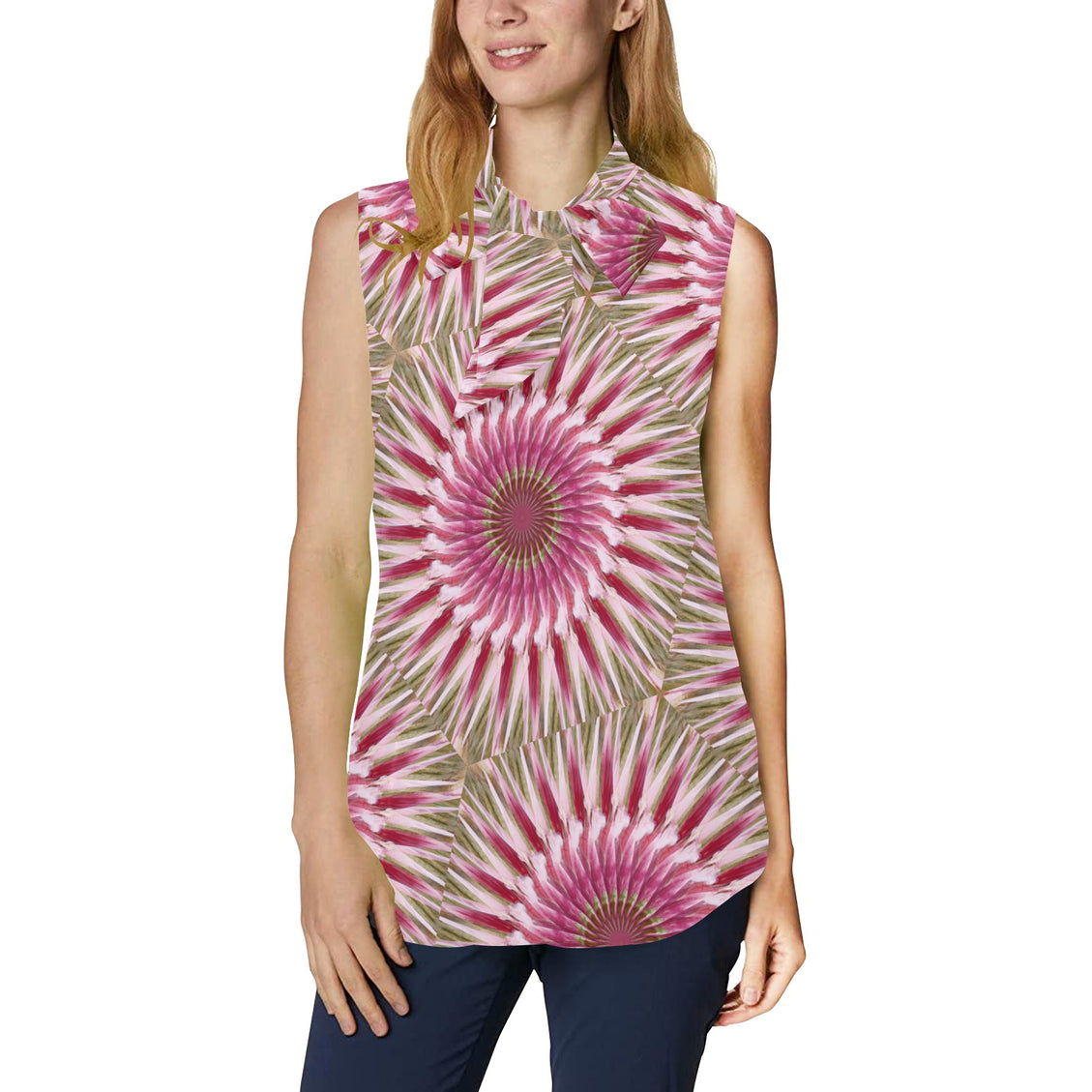 Bow Tie V Neck Sleeveless Blouse Milkweed Swirl