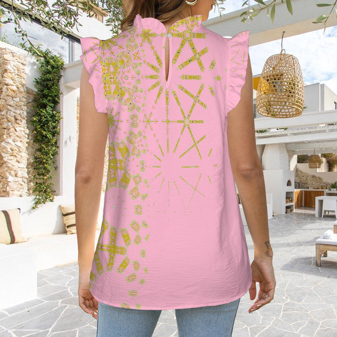 Ruffle Neck Blouse Pink and Gold Graphic