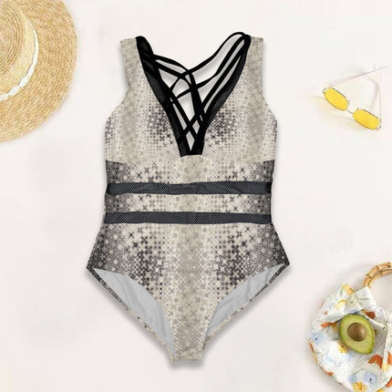 V Neck Mesh One Piece Swimsuit Black & Ivory Ombre