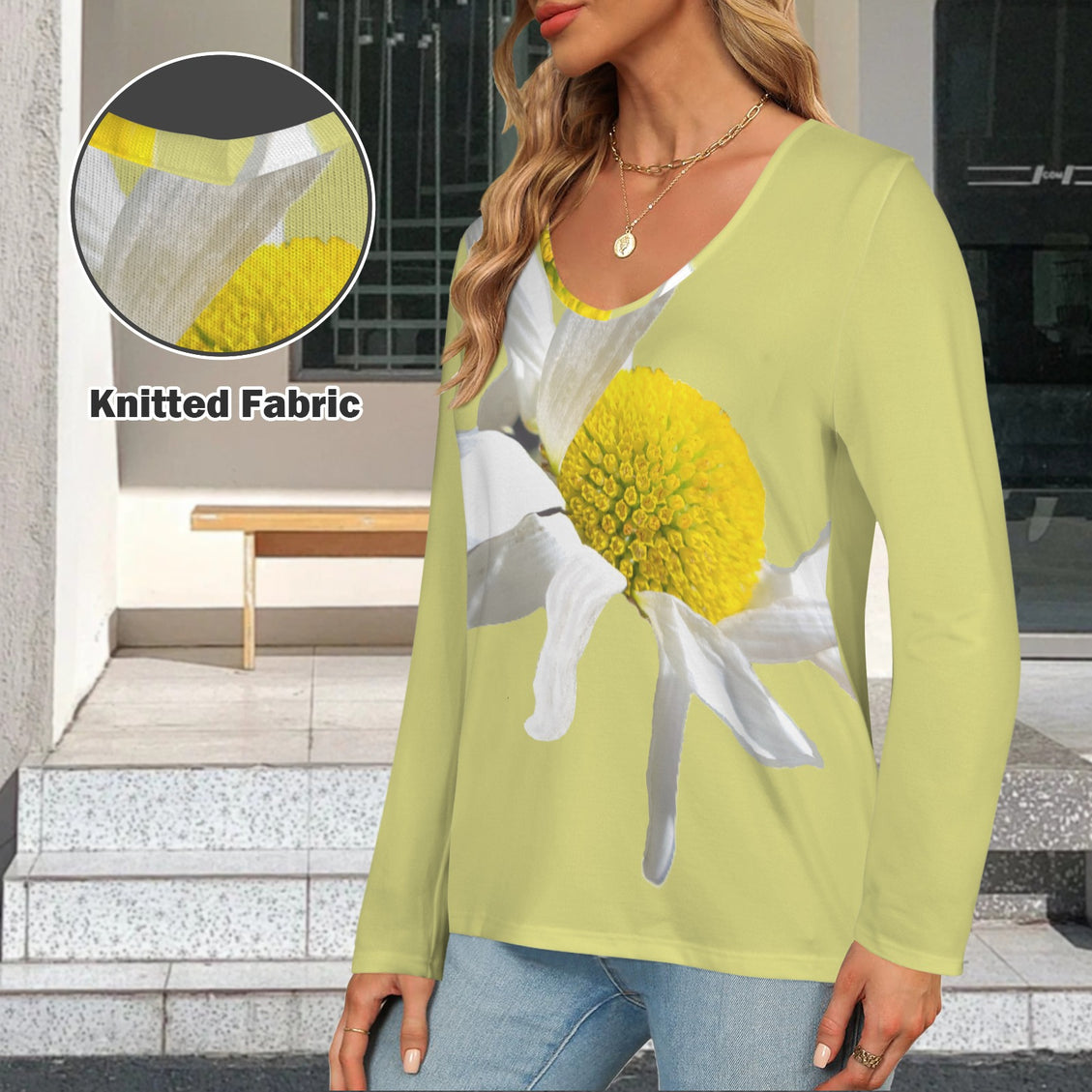 V Neck Long Sleeve Sweater Daisy Chartreuse