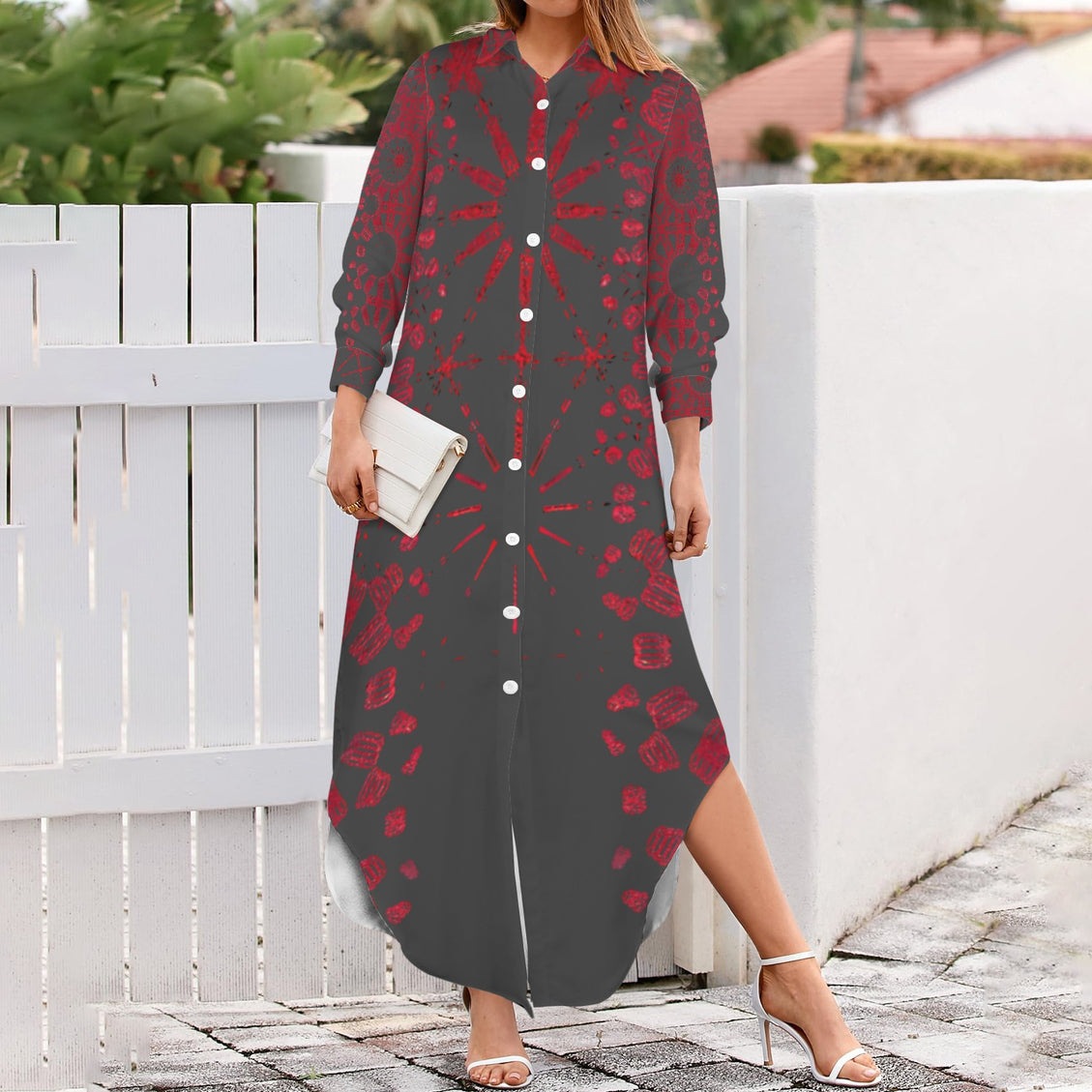 Long Sleeve Shirt Dress Charcoal and Red Graphic