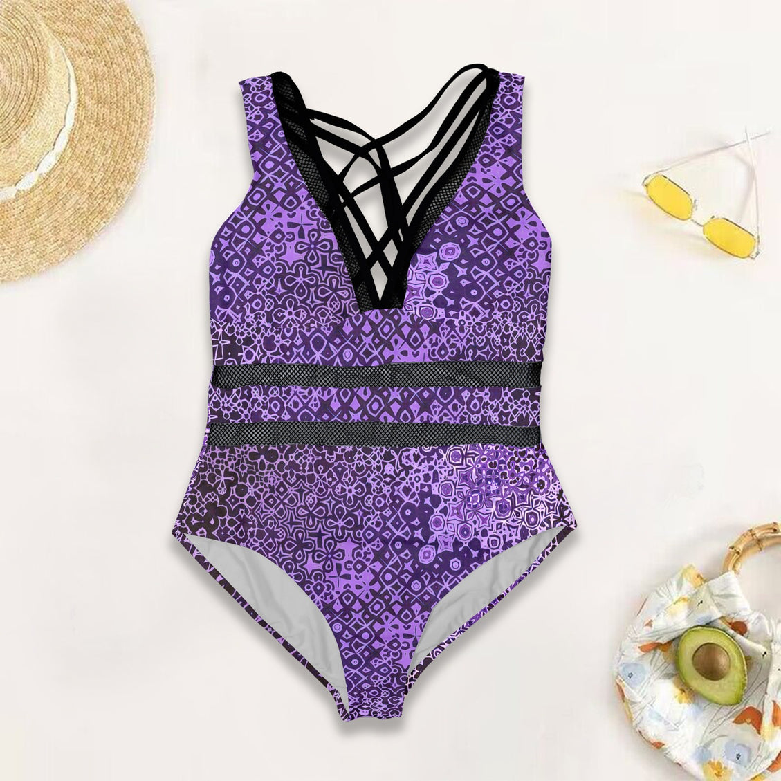 V Neck Mesh One Piece Swimsuit Purple and Black Abstract