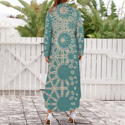 Long Sleeve Shirt Dress Taupe and Teal Graphic