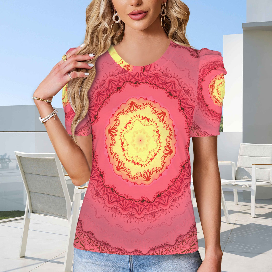 Puff Sleeve T-Shirt Pink and Yellow Medallion