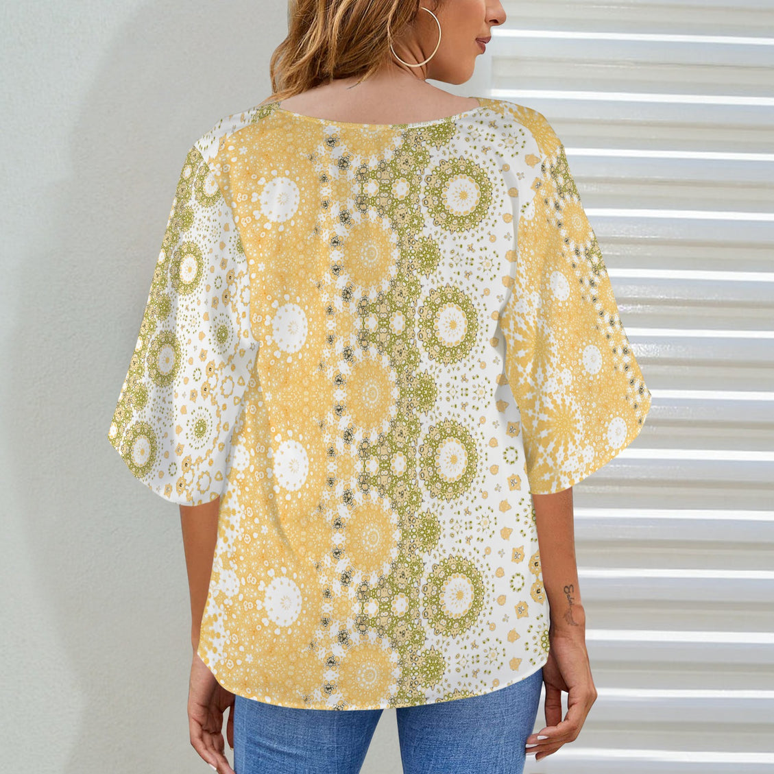 Draped Neck Blouse Sunflower Green Gold Graphic