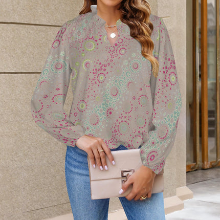 V Neck Pleated Long Sleeve Blouse Petunias Taupe Pink Blue Yellow Green