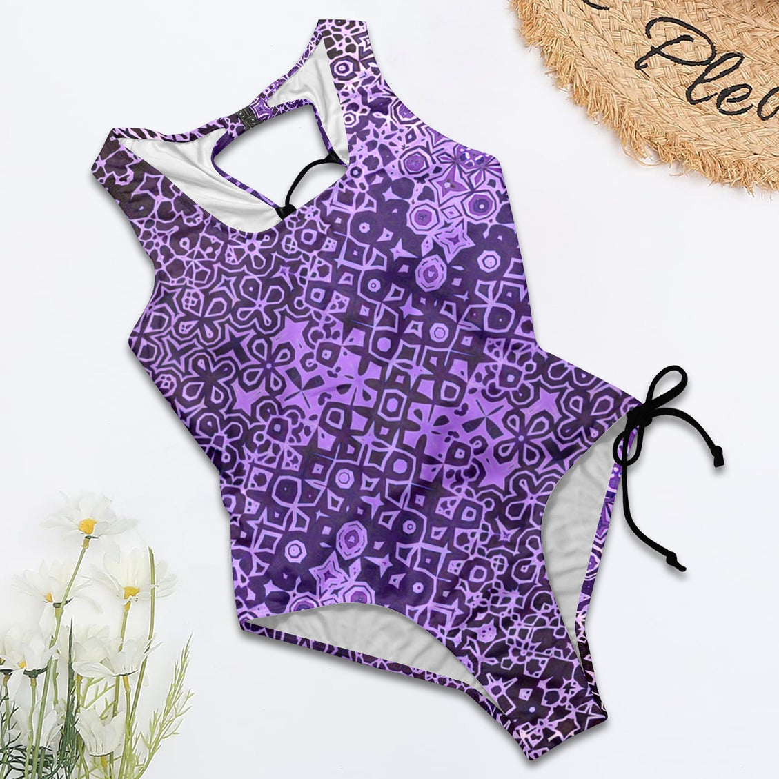 Tie Back Lace Up One Piece Swimsuit Purple and Black Abstract