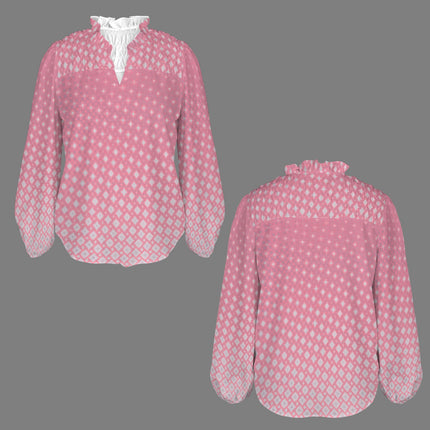 V Neck Pleated Long Sleeve Pink Sunrise Ombre