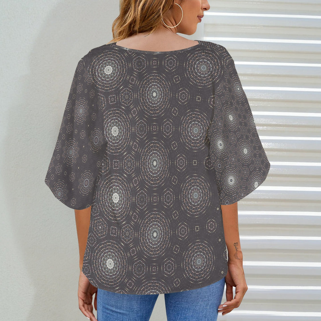 Draped Neck Blouse Gray Tile