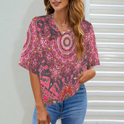 Draped Neck Blouse Pink Gray Medallion