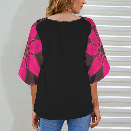 Draped Neck Blouse Red Leaves