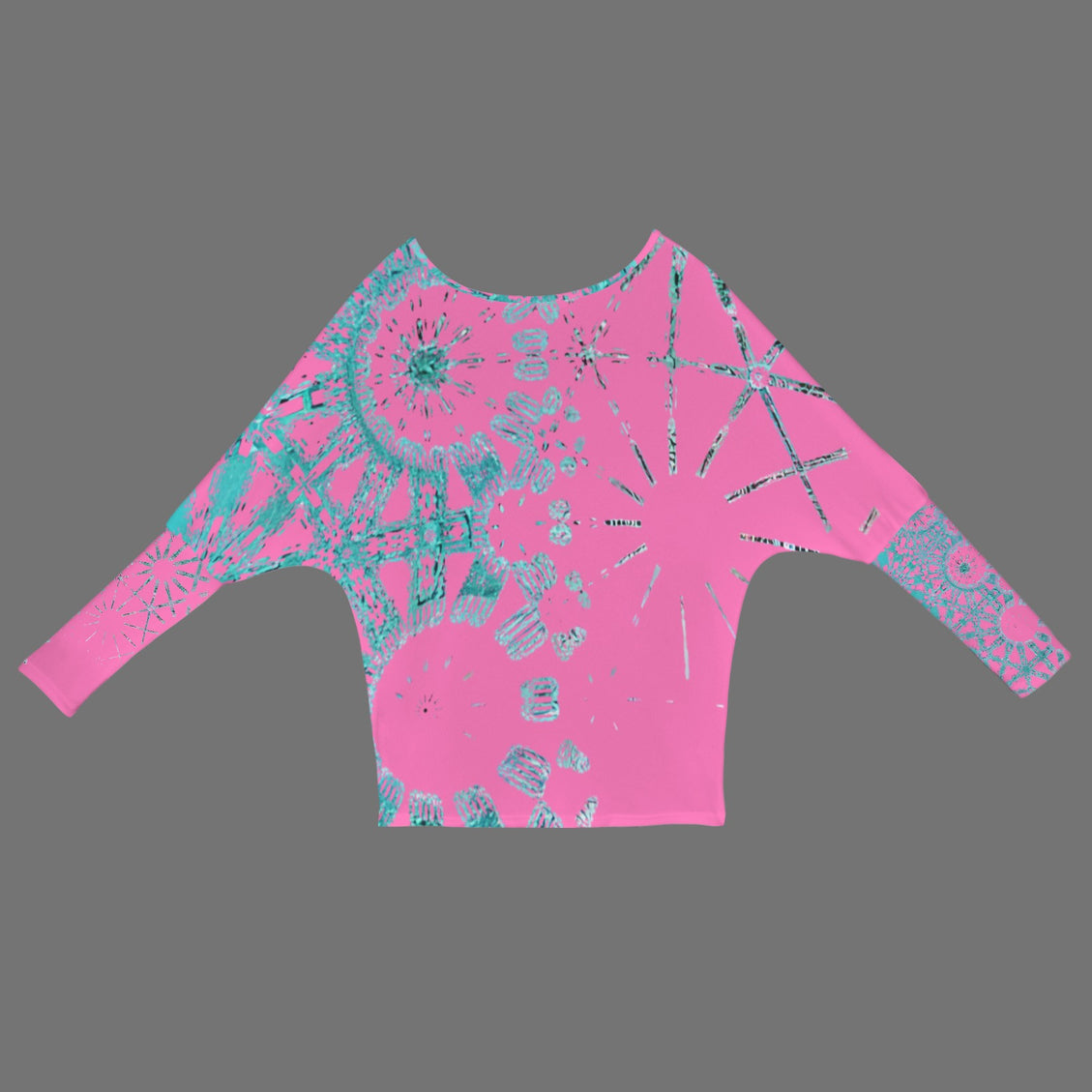 Batwing Long Sleeve Top Pink and Turquoise Graphic