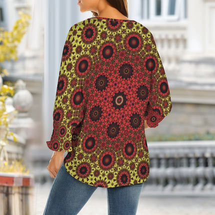 Crew Neck Pleated Sleeve T-Shirt Fall Leaves Red Black Chartreuse