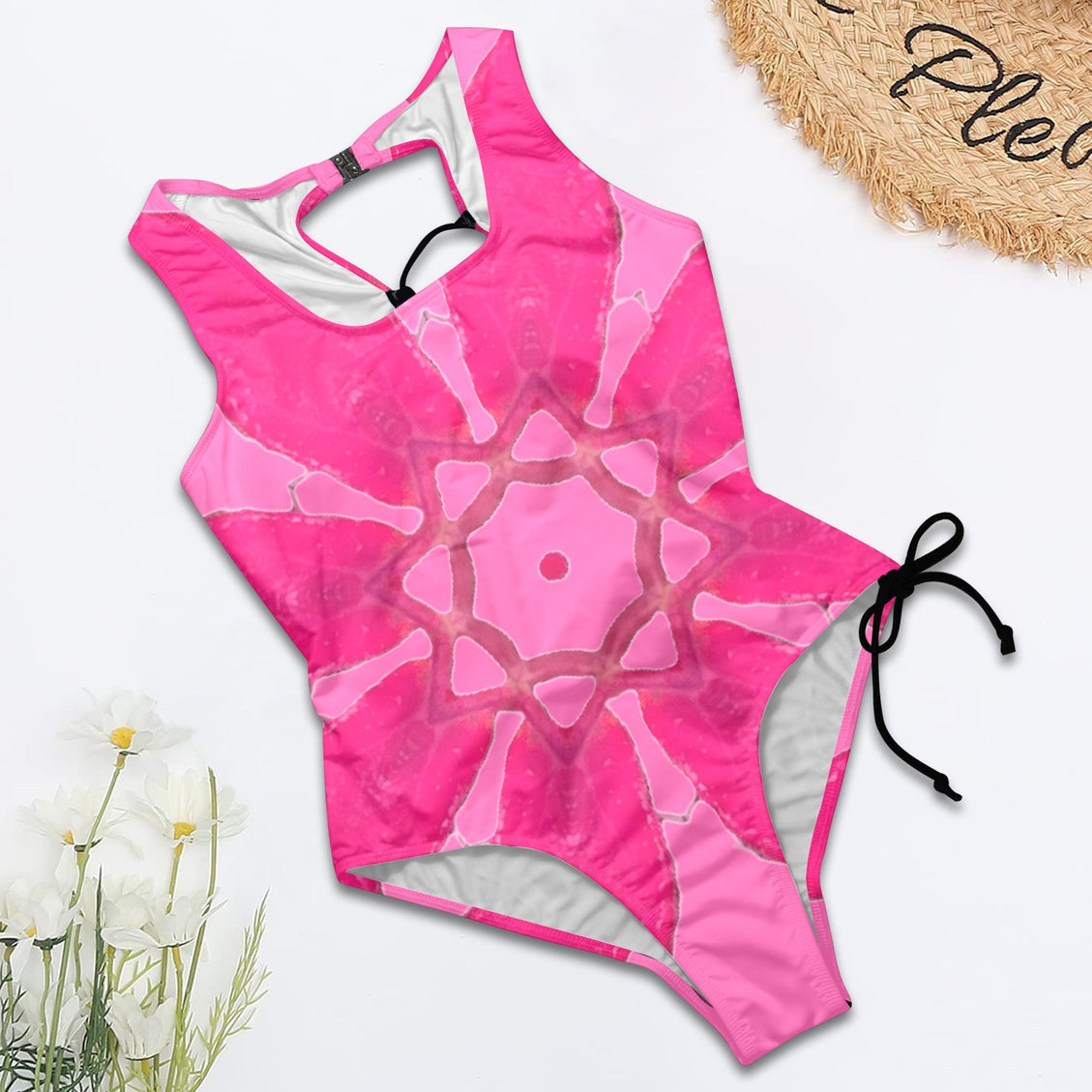 Tie Back Lace Up One Piece Swimsuit Red Leaves Pink