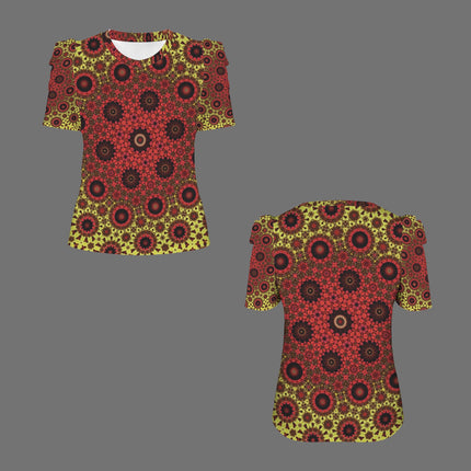 Puff Sleeve T-Shirt Fall Leaves Red Chartreuse