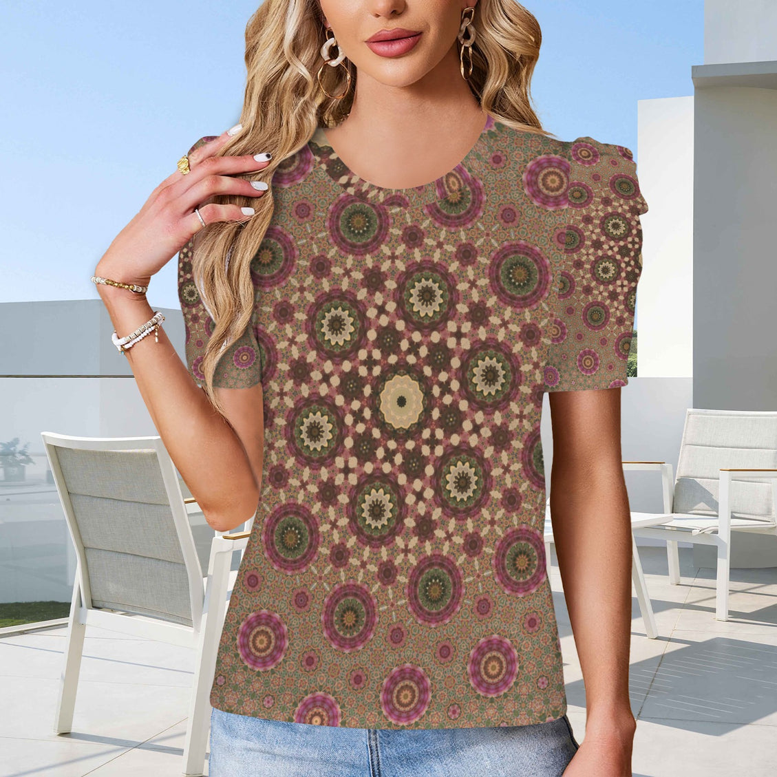 Puff Sleeve T-Shirt Fall Leaves Taupe and Copper