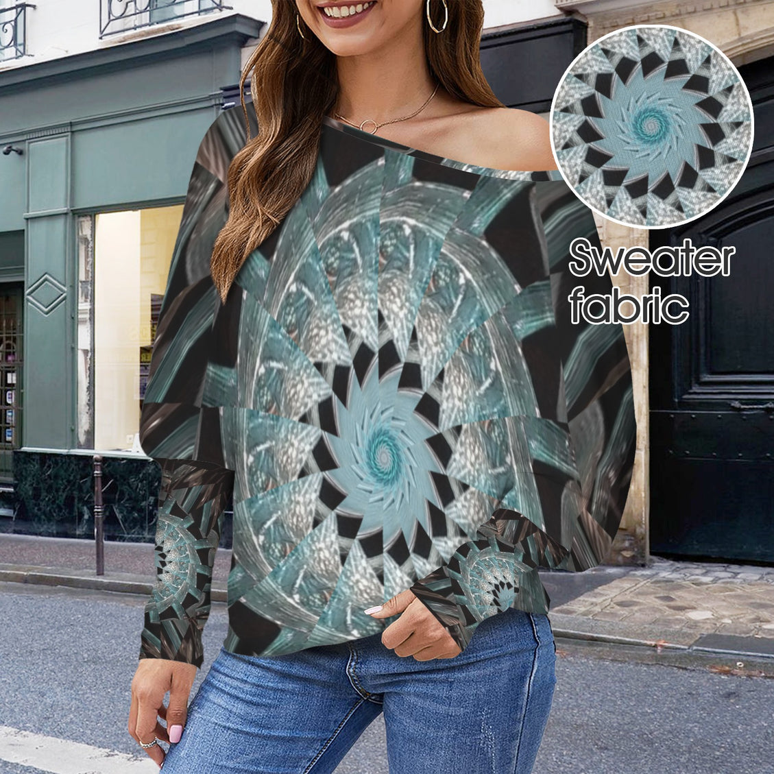 Batwing Long Sleeve Top Blue Glass Medallion