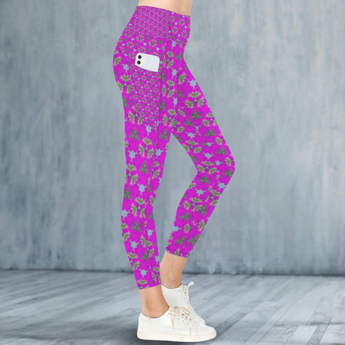 High Waist Pockets Yoga Leggings Fuchsia Floral