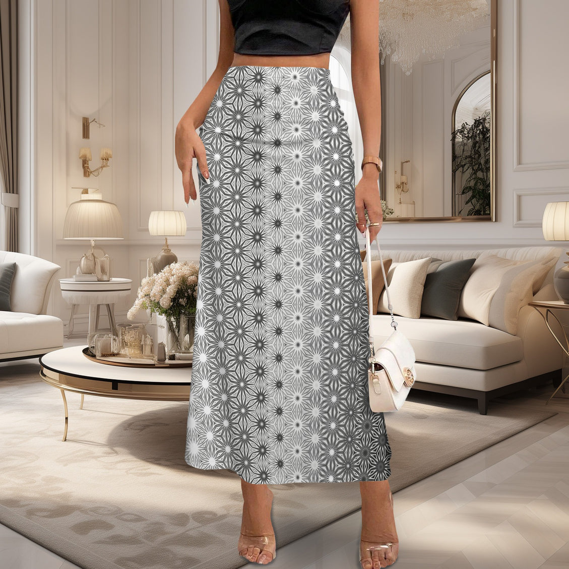 Ruched High Waist Maxi Skirt White and Black