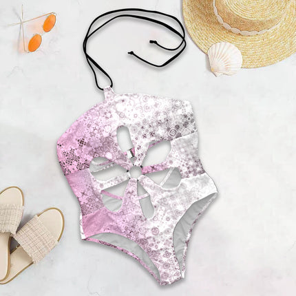 Flower Cut Out One Piece Swimsuit Pink Glass Ombre